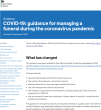 COVID-19: guidance for managing a funeral during the coronavirus pandemic [Updated 4th September 2020]